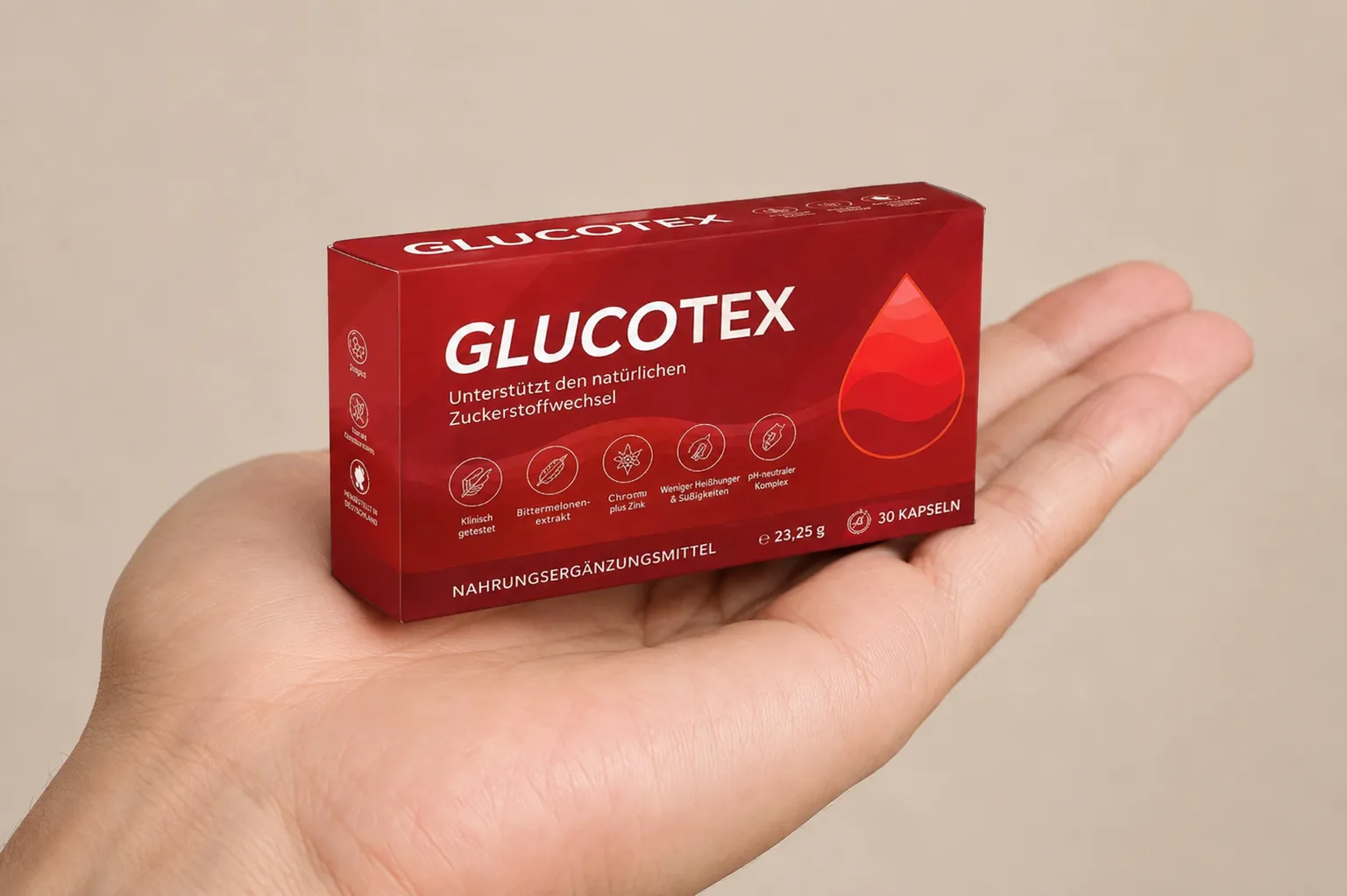 GLUCOTEX — Verpackung in der Hand