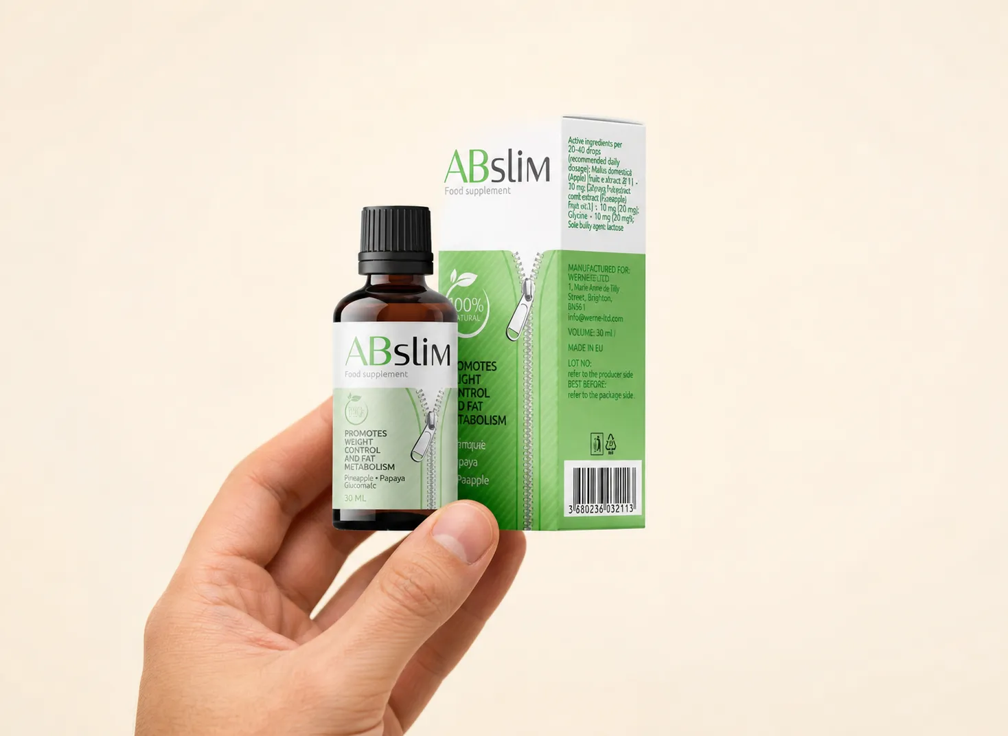ABSlim — Verpackung in der Hand